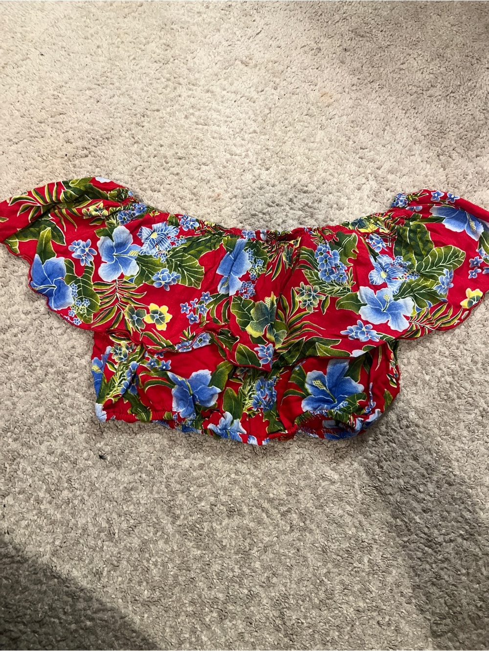 Off-Shoulder Floral Crop Top - Red Blue Green